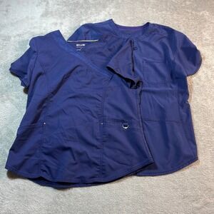 Bundle Scrub Top Set Medical Nursing Uniform Pockets Blue Large Healthcare Shirt